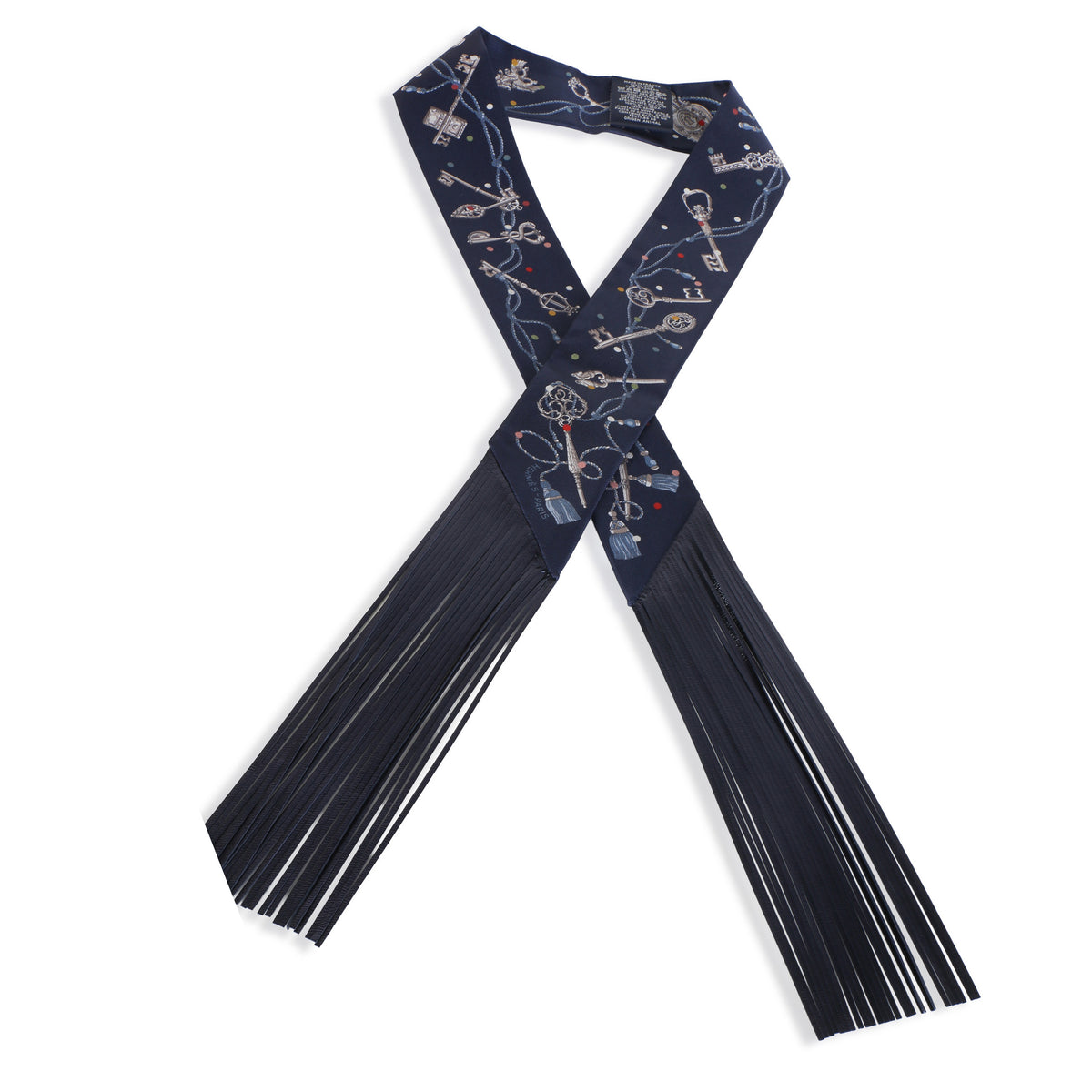 Hermès Bleu Marine Gris Argent Marine Les Cles A Pois Silk Fringe Twilly 3