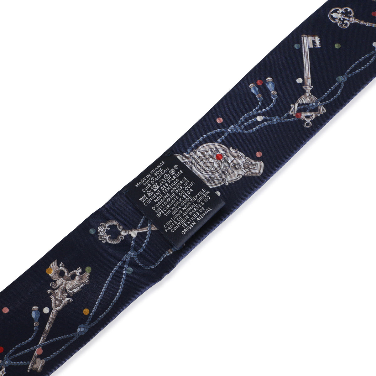 Hermès Bleu Marine Gris Argent Marine Les Cles A Pois Silk Fringe Twilly 4
