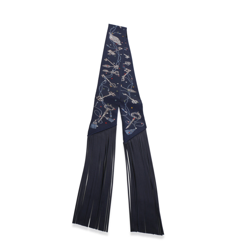 Hermès Bleu Marine Gris Argent Marine Les Cles A Pois Silk Fringe Twilly fv
