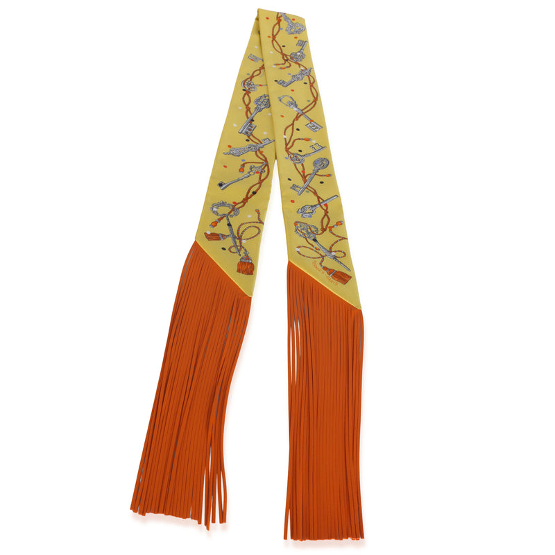 Hermès Jaune Argent Orange Vif Silk Les Cles A Pois Silk Fringe Twilly fv