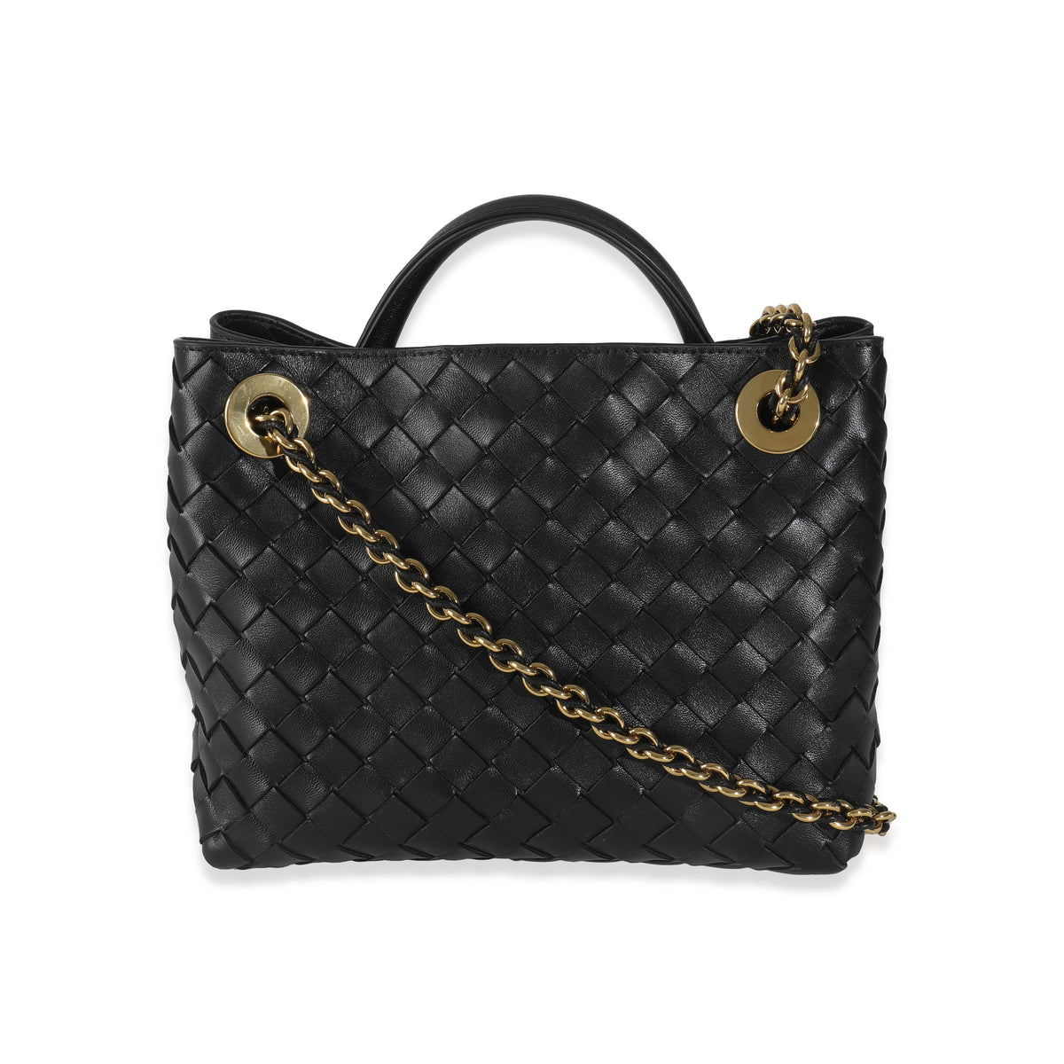 Bottega Veneta Black Nappa Intrecciato Small Andiamo With Chain Handbag stamp