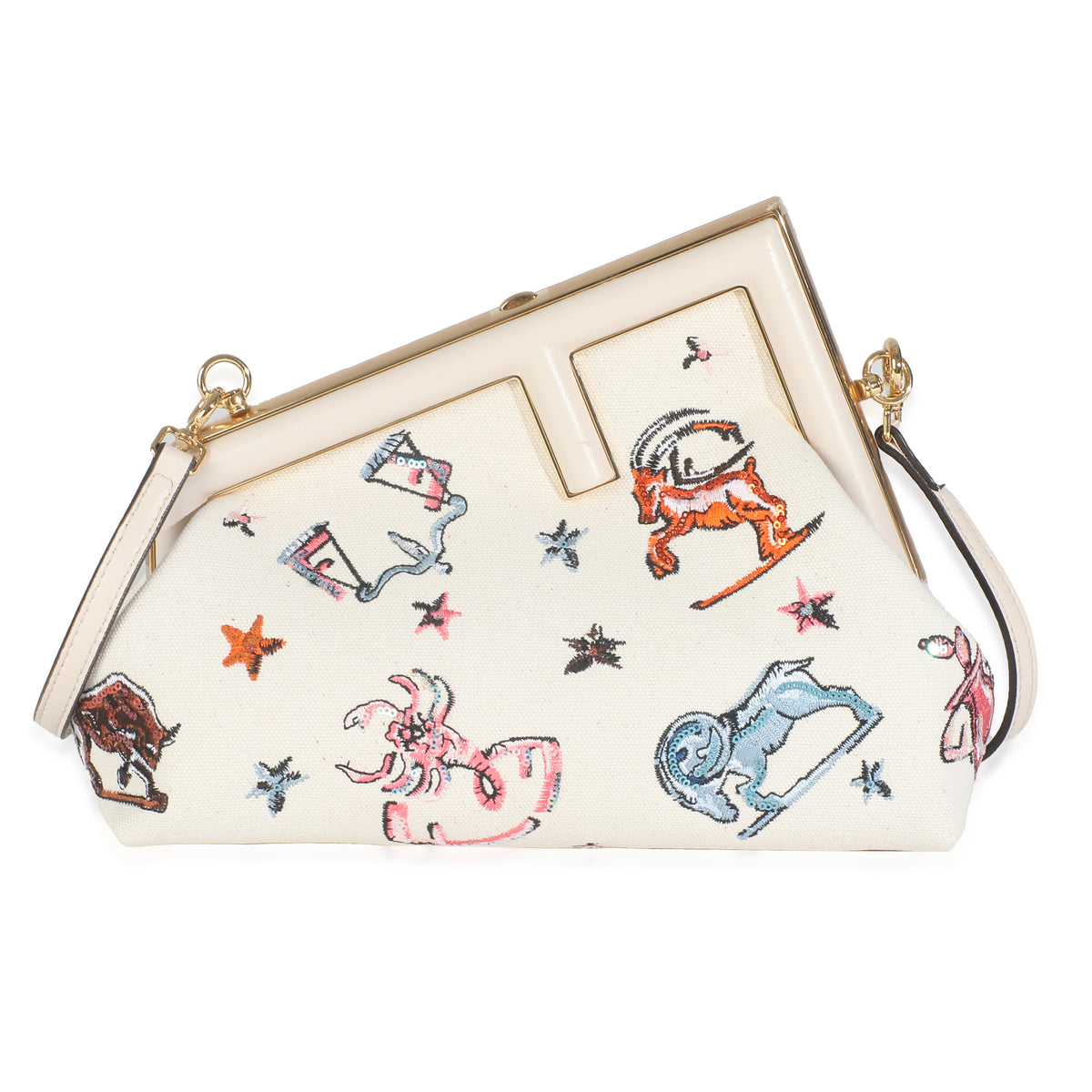 Fendi White Astrology Embroidered Canvas First Small Bag Handbag bv