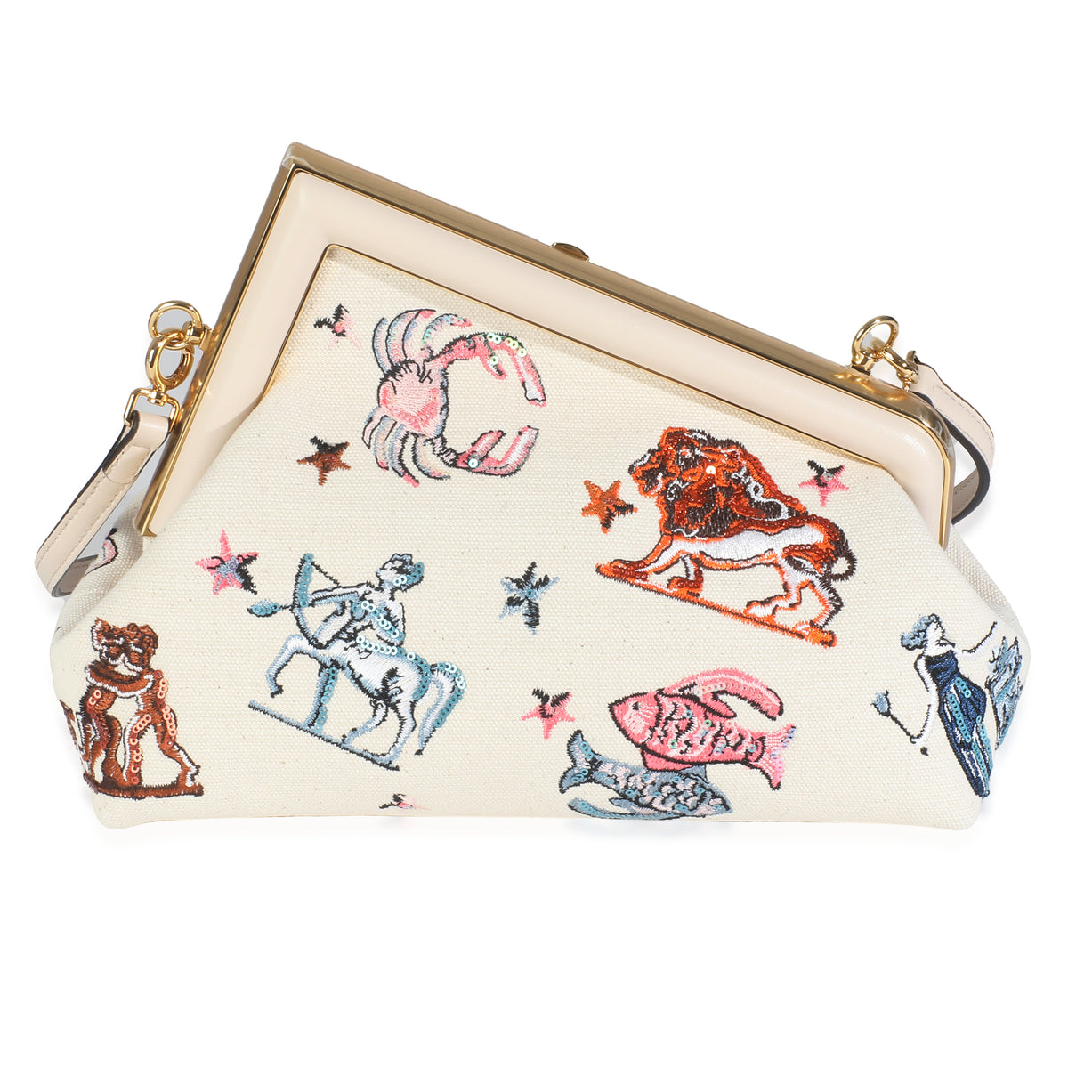 Fendi White Astrology Embroidered Canvas First Small Bag Handbag fv