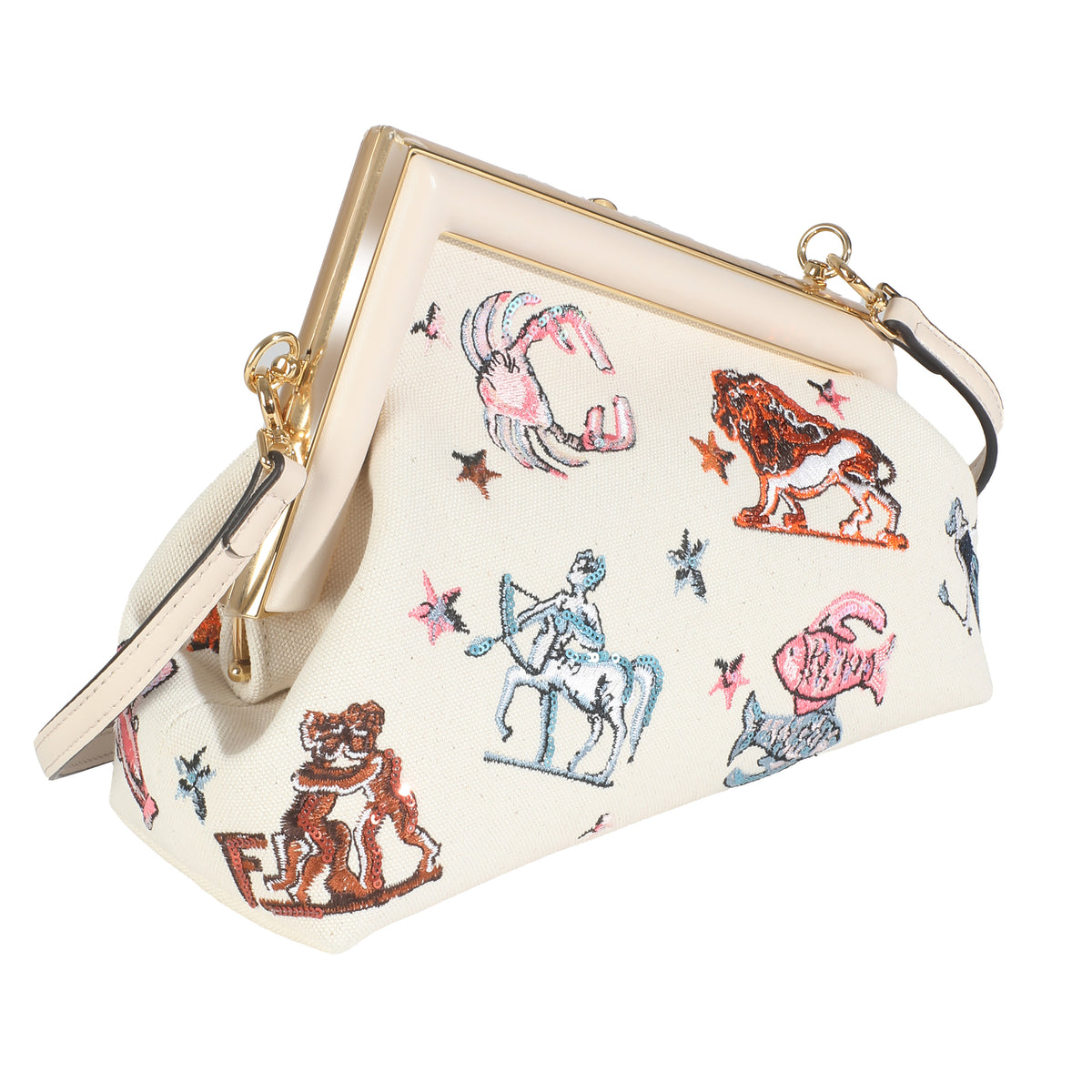 Fendi White Astrology Embroidered Canvas First Small Bag Handbag pv
