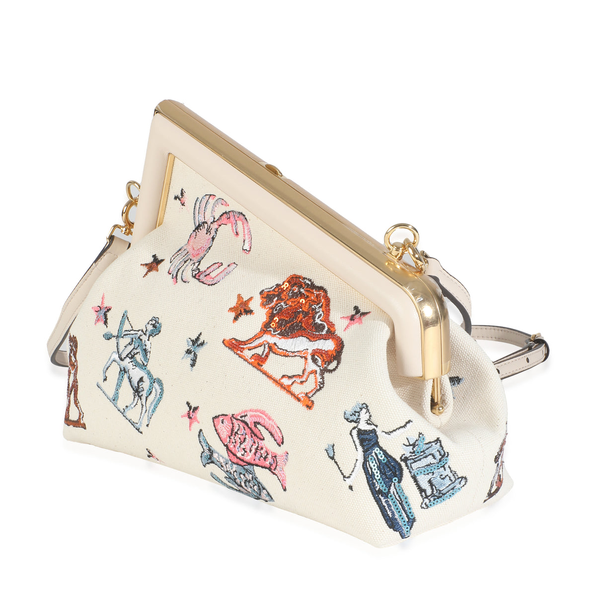 Fendi White Astrology Embroidered Canvas First Small Bag Handbag sv
