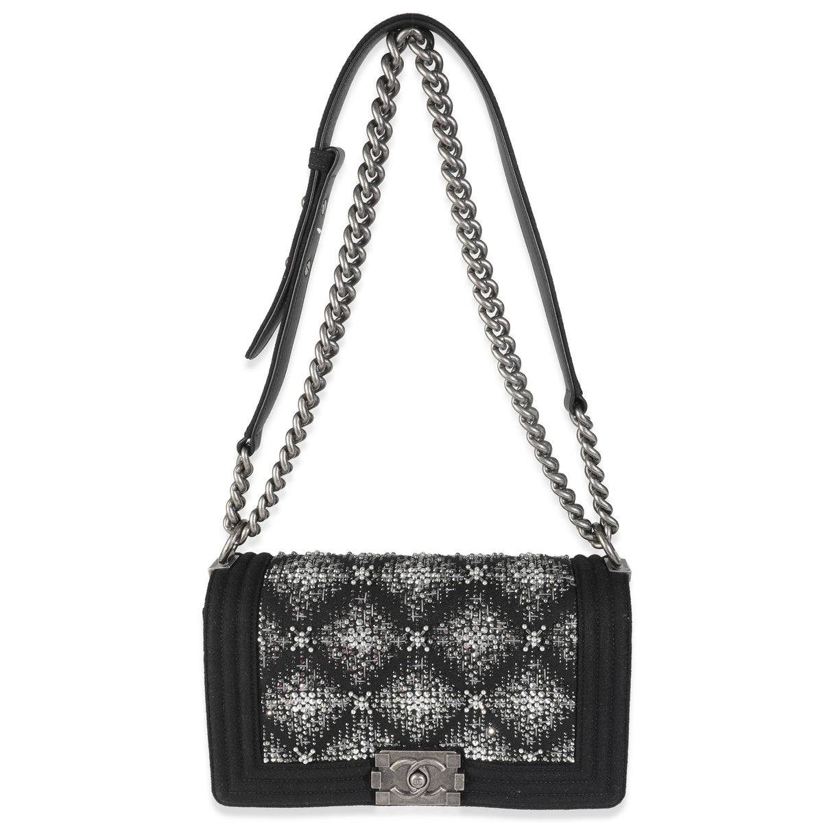 Chanel Black Jersey Strass Old Medium Boy Bag Handbag av