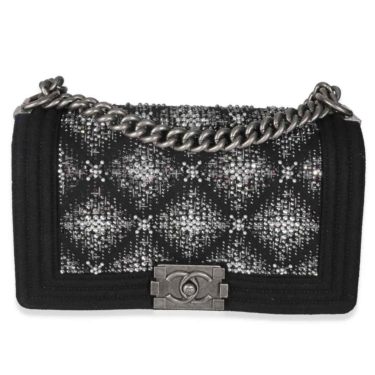 Chanel Black Jersey Strass Old Medium Boy Bag Handbag fv