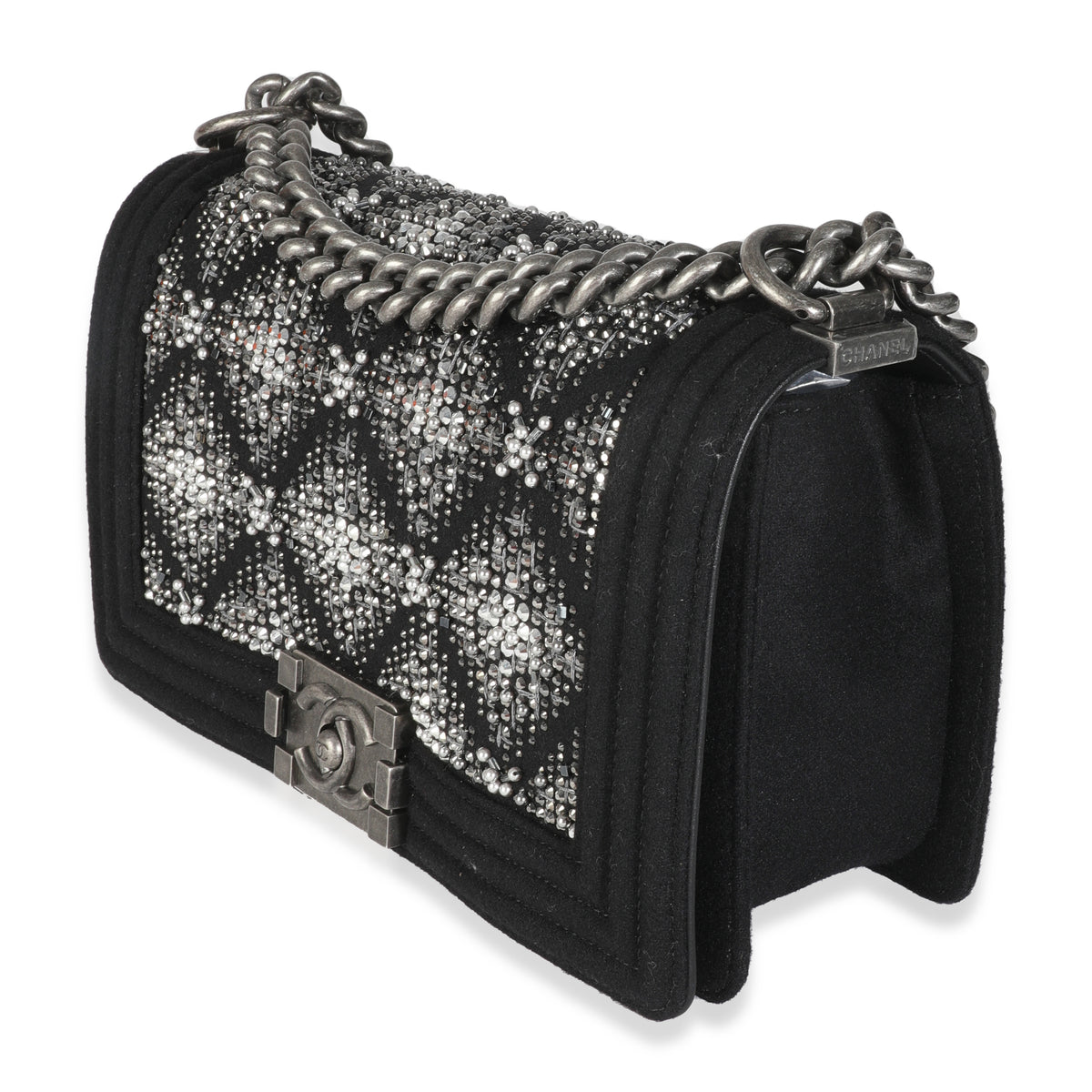 Chanel Black Jersey Strass Old Medium Boy Bag Handbag sv
