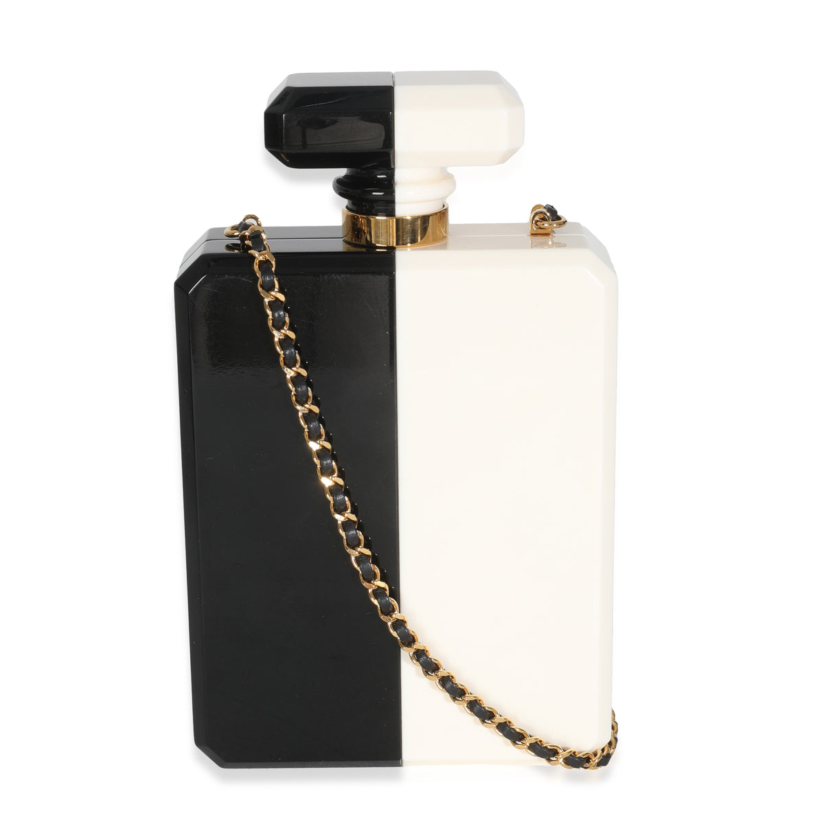 Chanel White Black Plexiglass Perfume Bottle Clutch Handbag bv