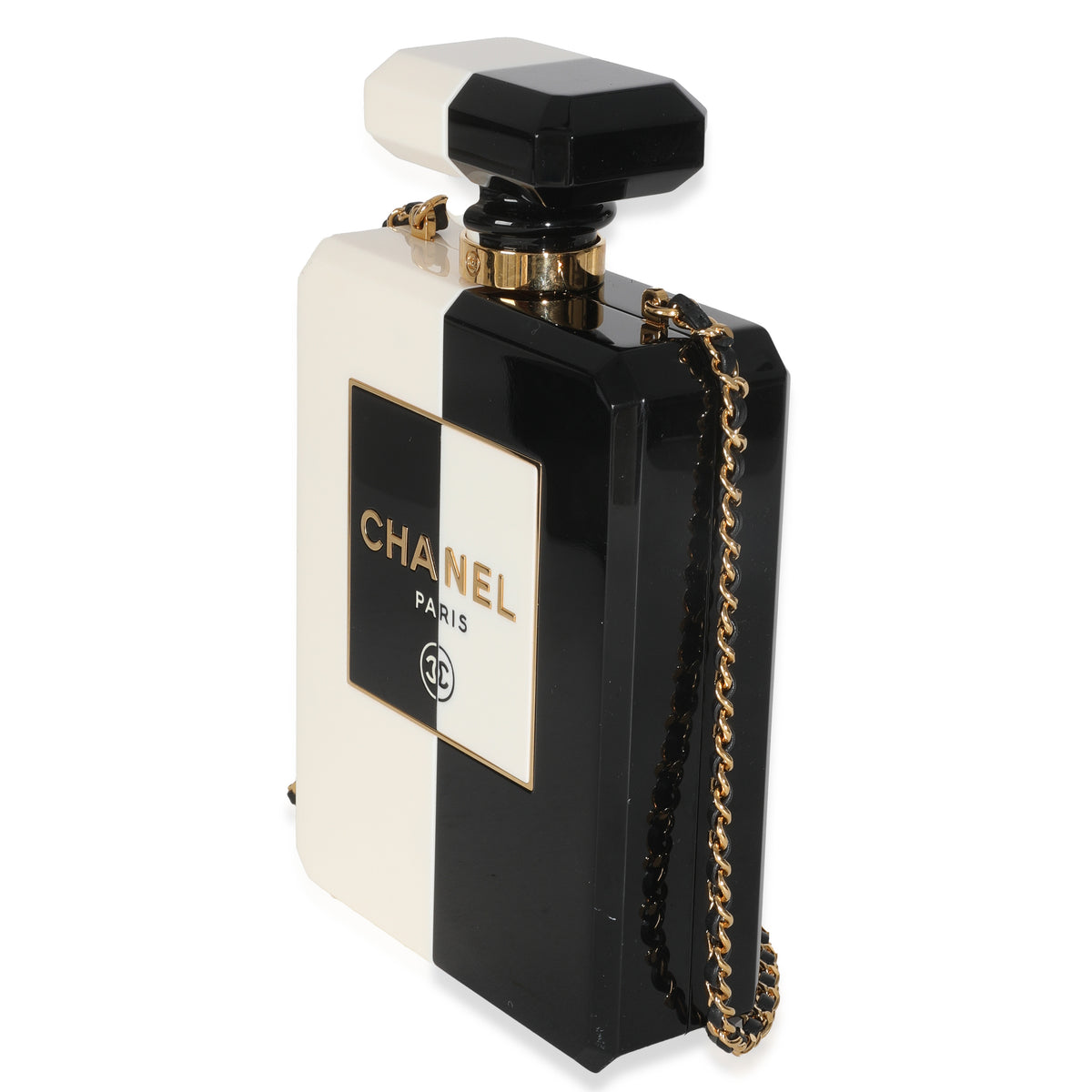 Chanel White Black Plexiglass Perfume Bottle Clutch Handbag sv