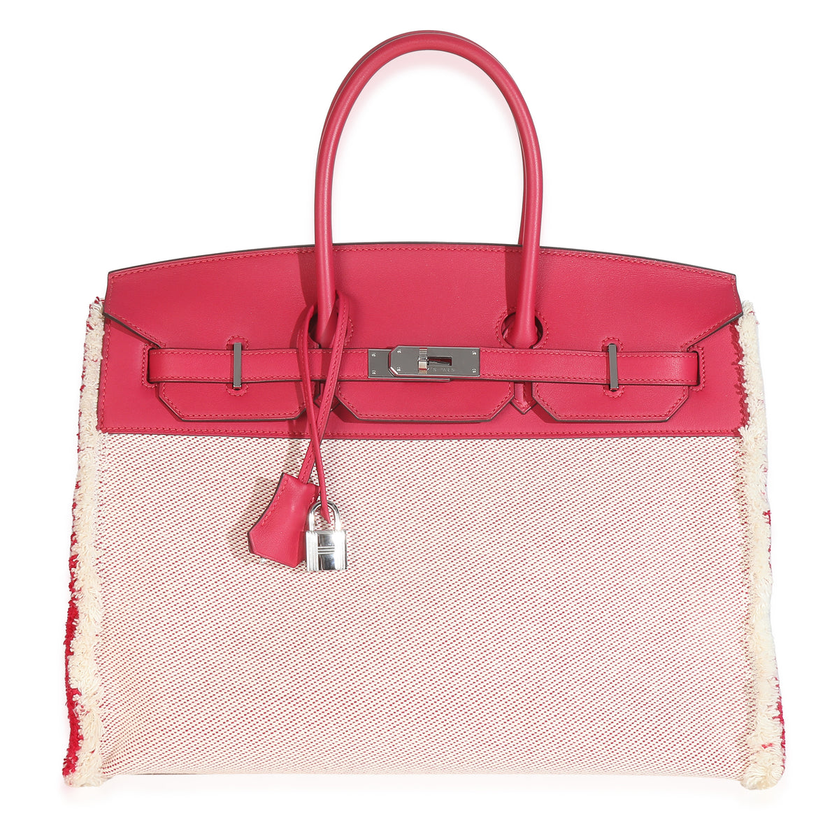 Hermès Framboise Ecru Swift Twill H Fray Fray Birkin 35 PHW Handbag fv
