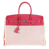 Hermès Framboise Ecru Swift Twill H Fray Fray Birkin 35 PHW Handbag fv