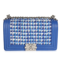 Chanel Blue Lambskin Quilted Tweed Old Medium Boy Bag Handbag fv