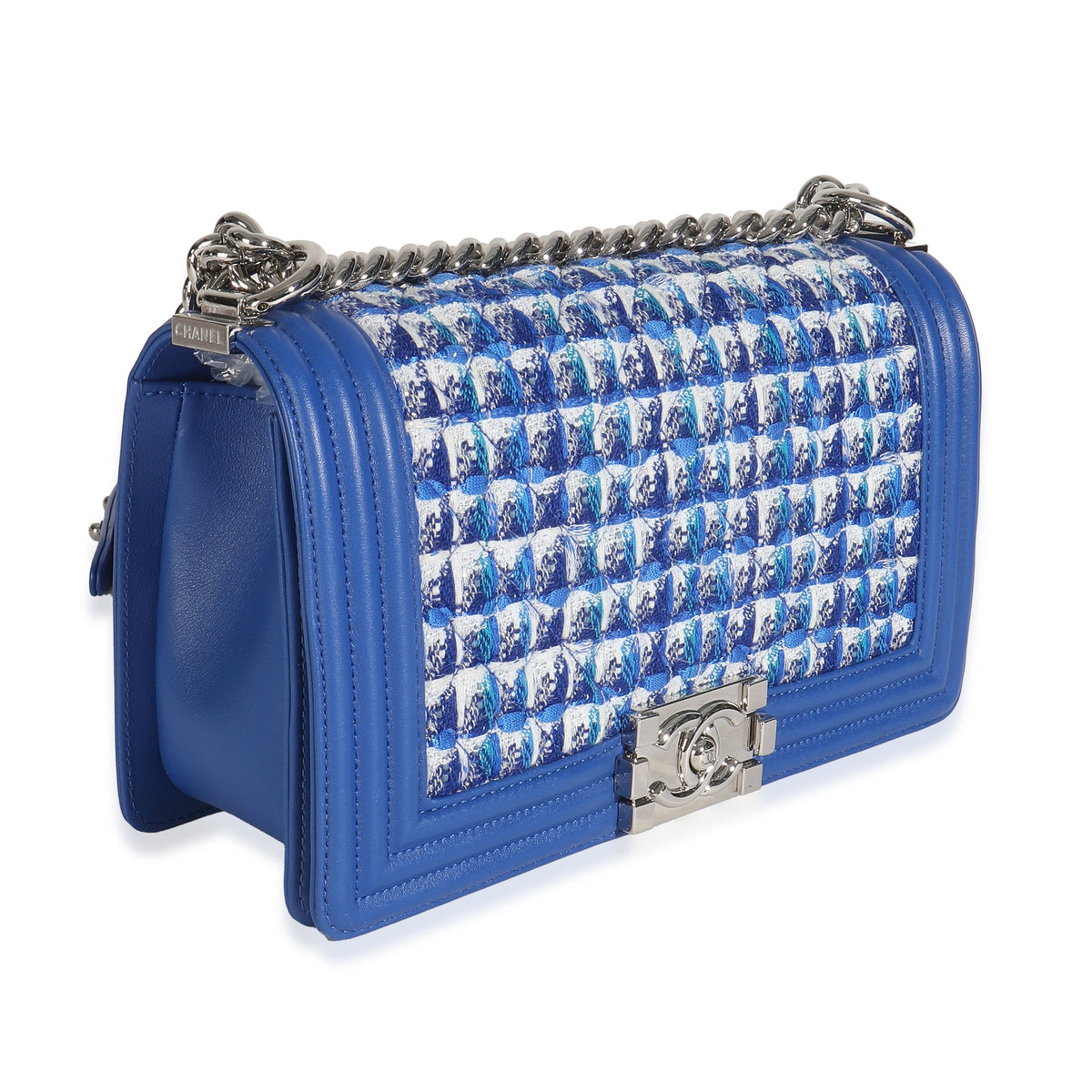 Chanel Blue Lambskin Quilted Tweed Old Medium Boy Bag Handbag pv