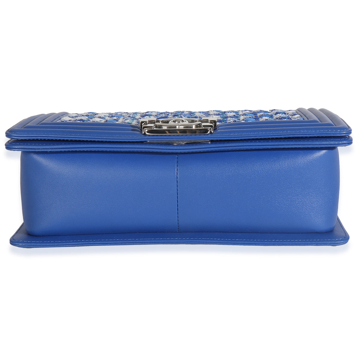Chanel Blue Lambskin Quilted Tweed Old Medium Boy Bag Handbag stamp