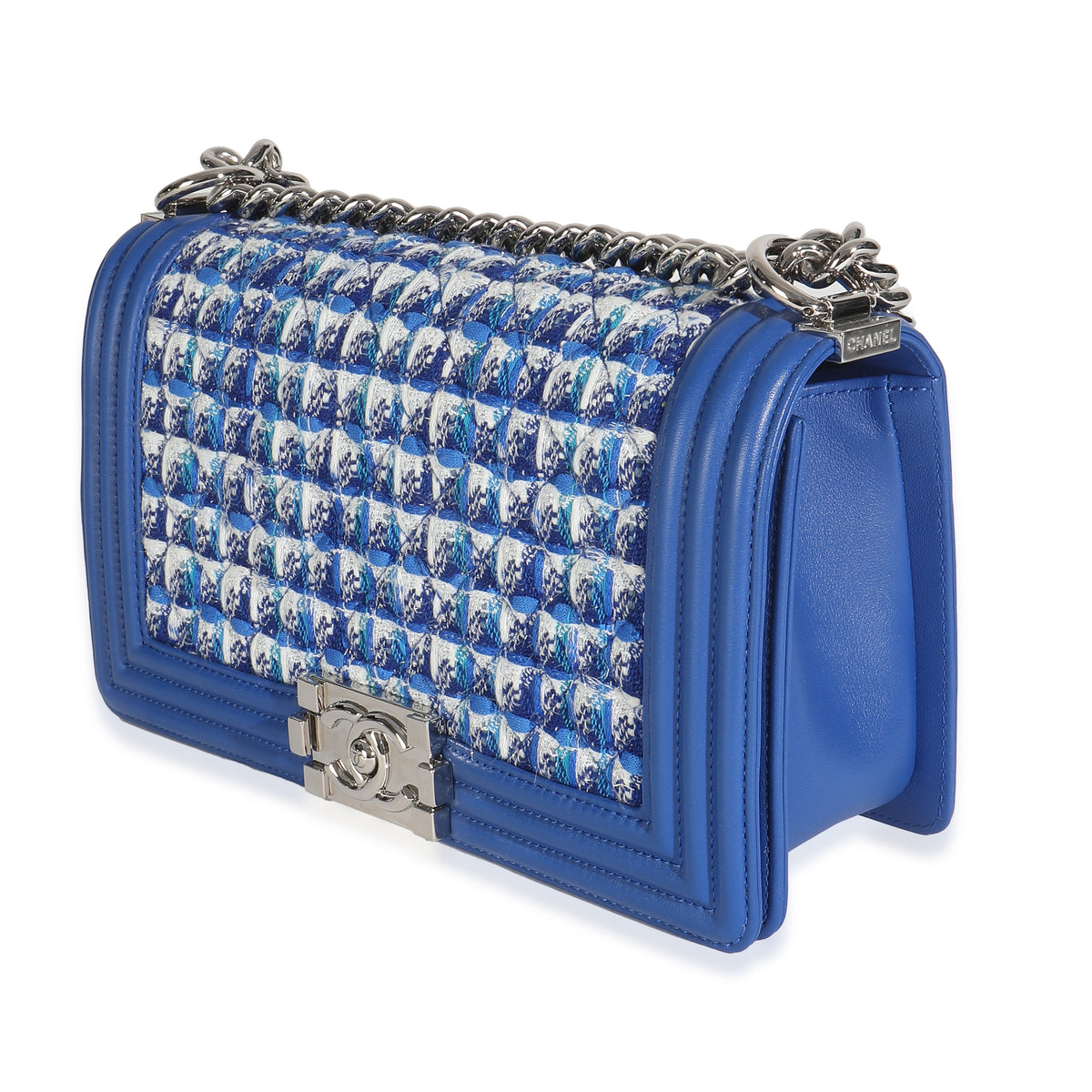 Chanel Blue Lambskin Quilted Tweed Old Medium Boy Bag Handbag sv