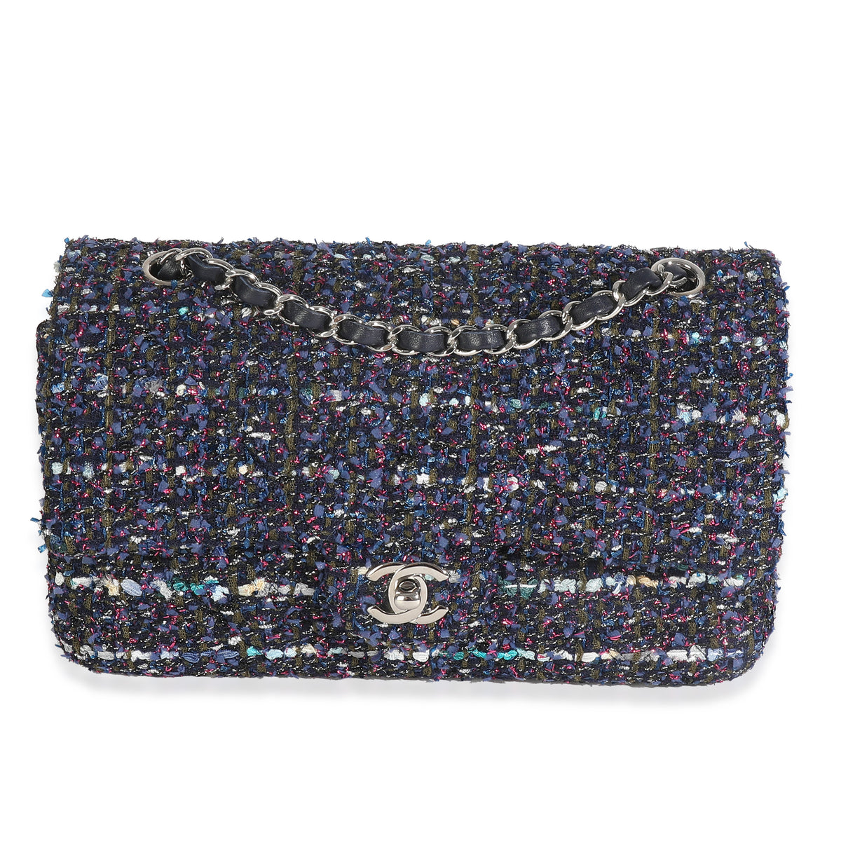 Chanel Navy Multicolored Metallic Tweed Medium Classic Double Flap Bag Handbag fv