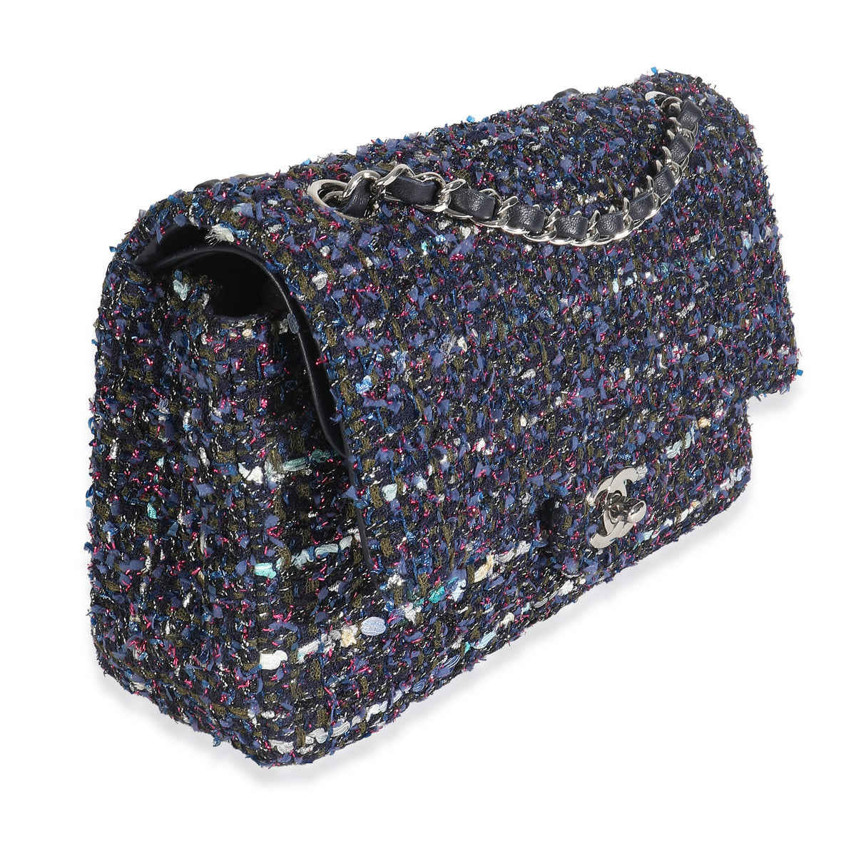 Chanel Navy Multicolored Metallic Tweed Medium Classic Double Flap Bag Handbag pv