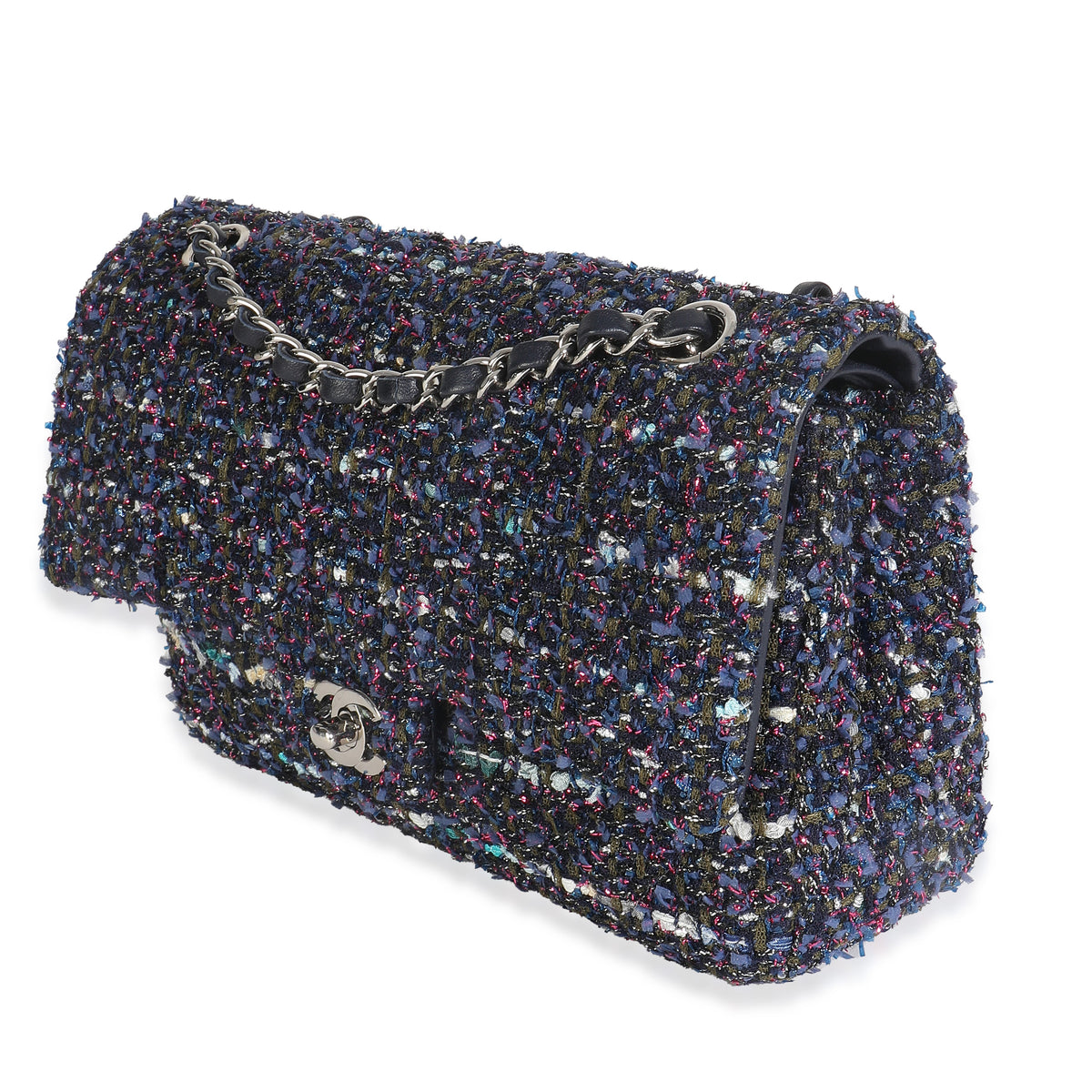 Chanel Navy Multicolored Metallic Tweed Medium Classic Double Flap Bag Handbag sv