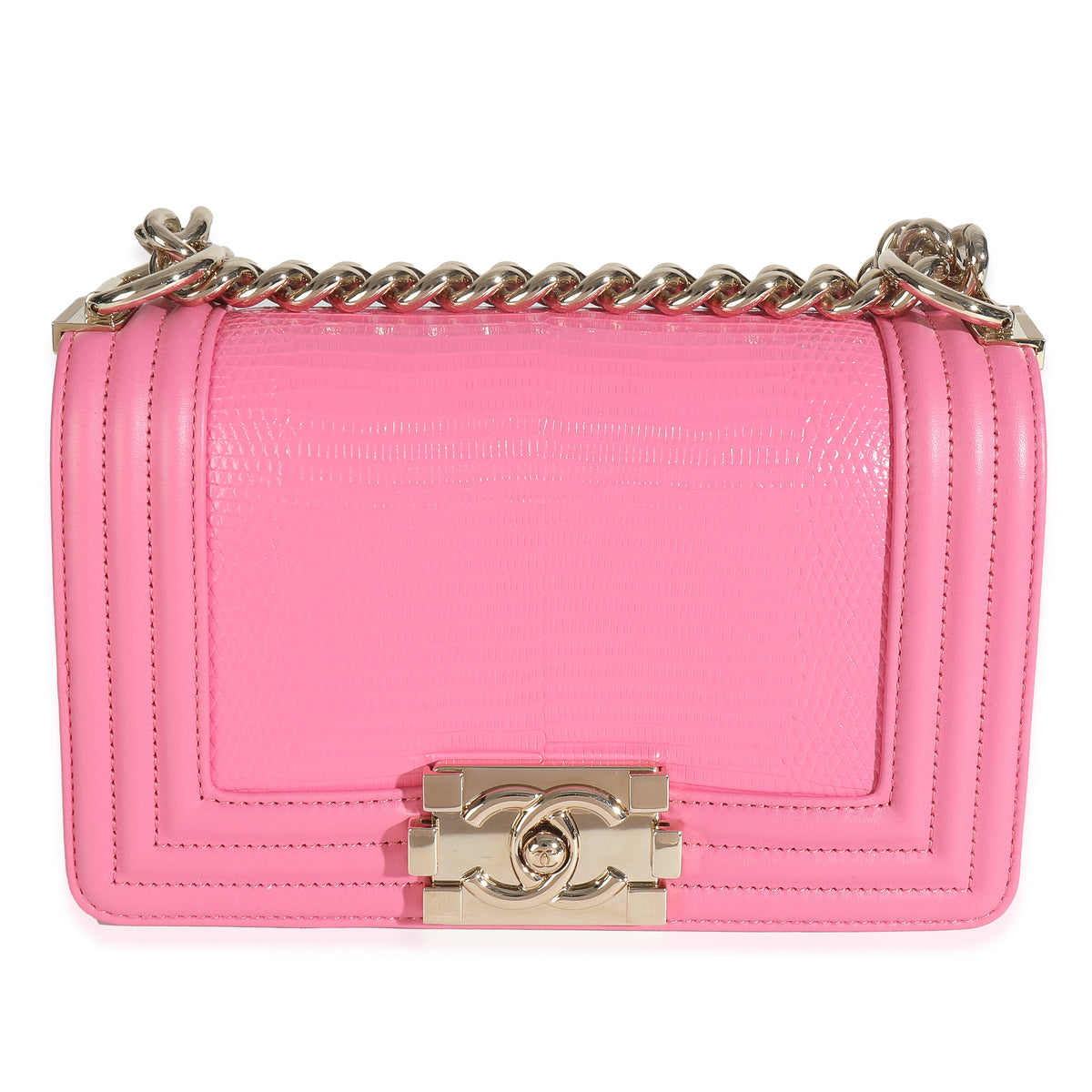 Chanel Pink Lambskin Lizard Small Boy Bag Handbag fv