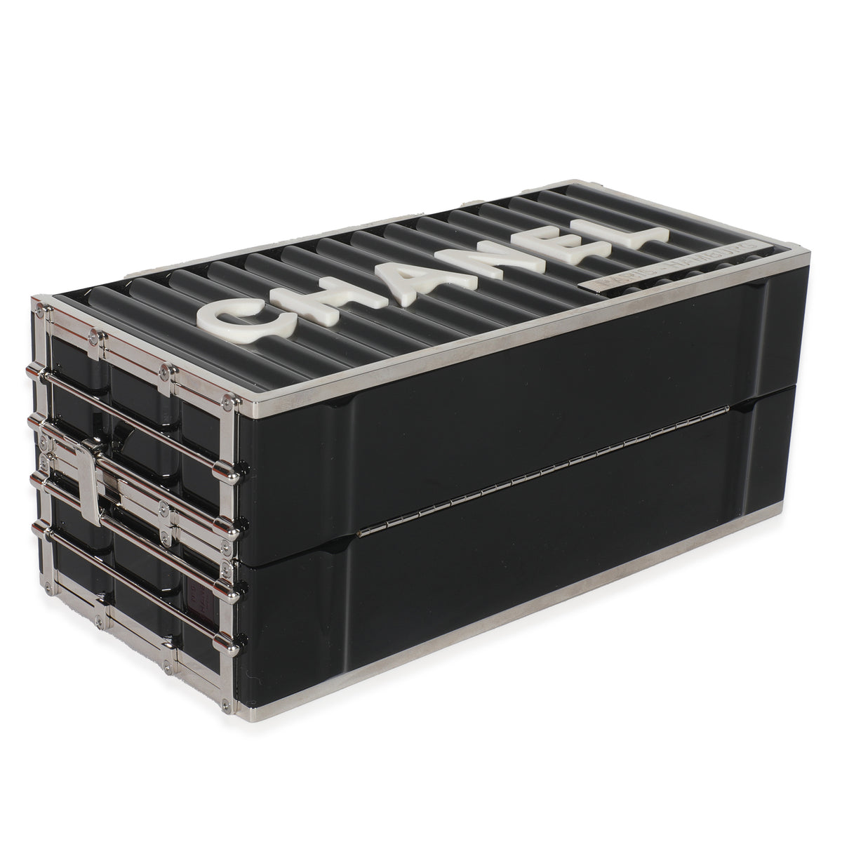Chanel 18A Black Lucite Paris Hamburg Minaudiere Shipping Container Clutch Handbag clasp