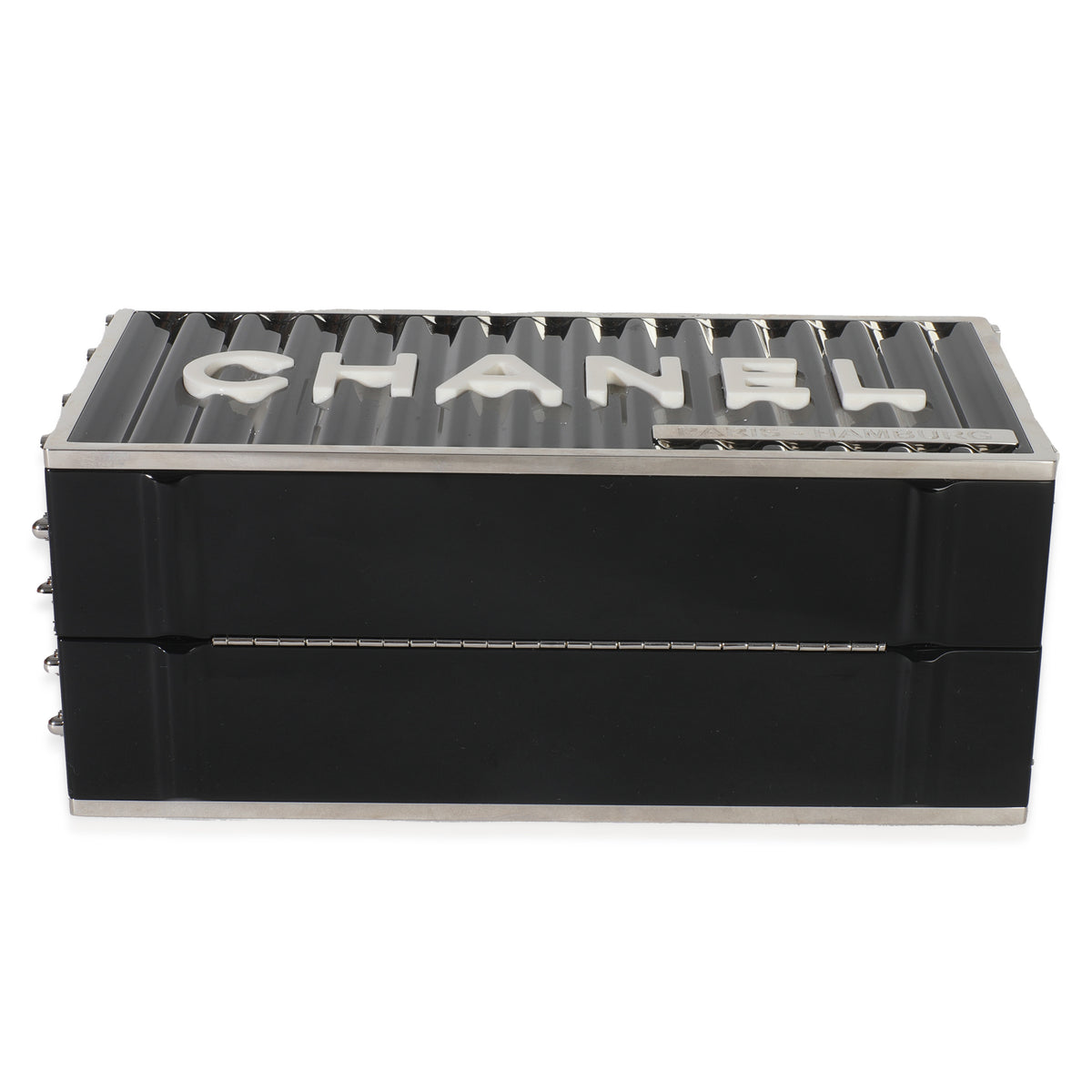 Chanel 18A Black Lucite Paris Hamburg Minaudiere Shipping Container Clutch Handbag stamp