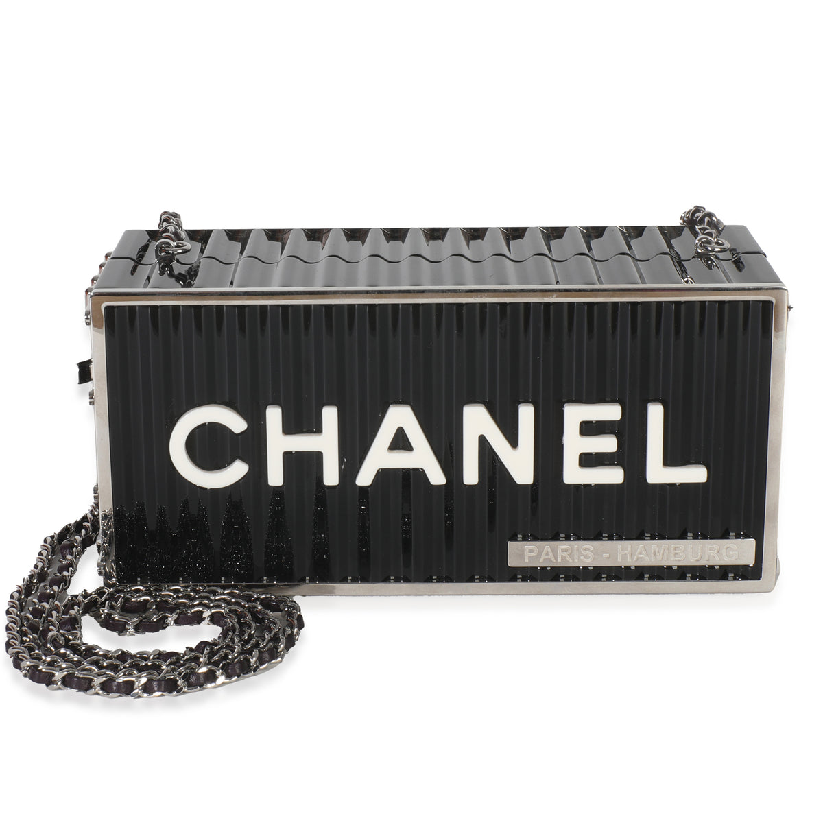 Chanel 18A Black Lucite Paris Hamburg Minaudiere Shipping Container Clutch Handbag fv