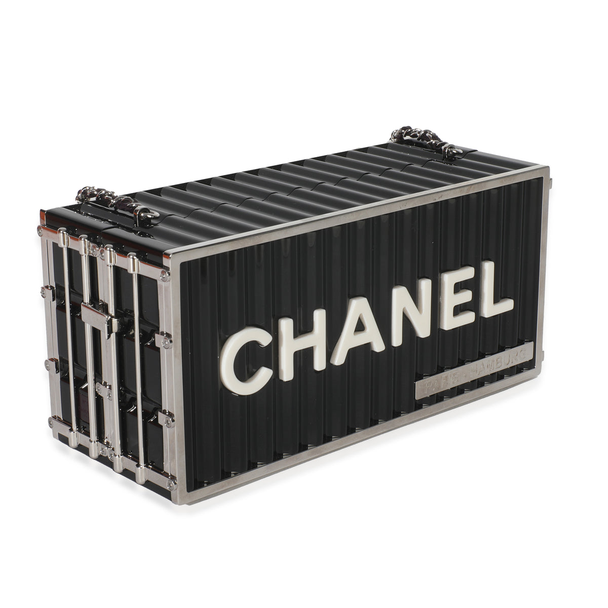 Chanel 18A Black Lucite Paris Hamburg Minaudiere Shipping Container Clutch Handbag pv