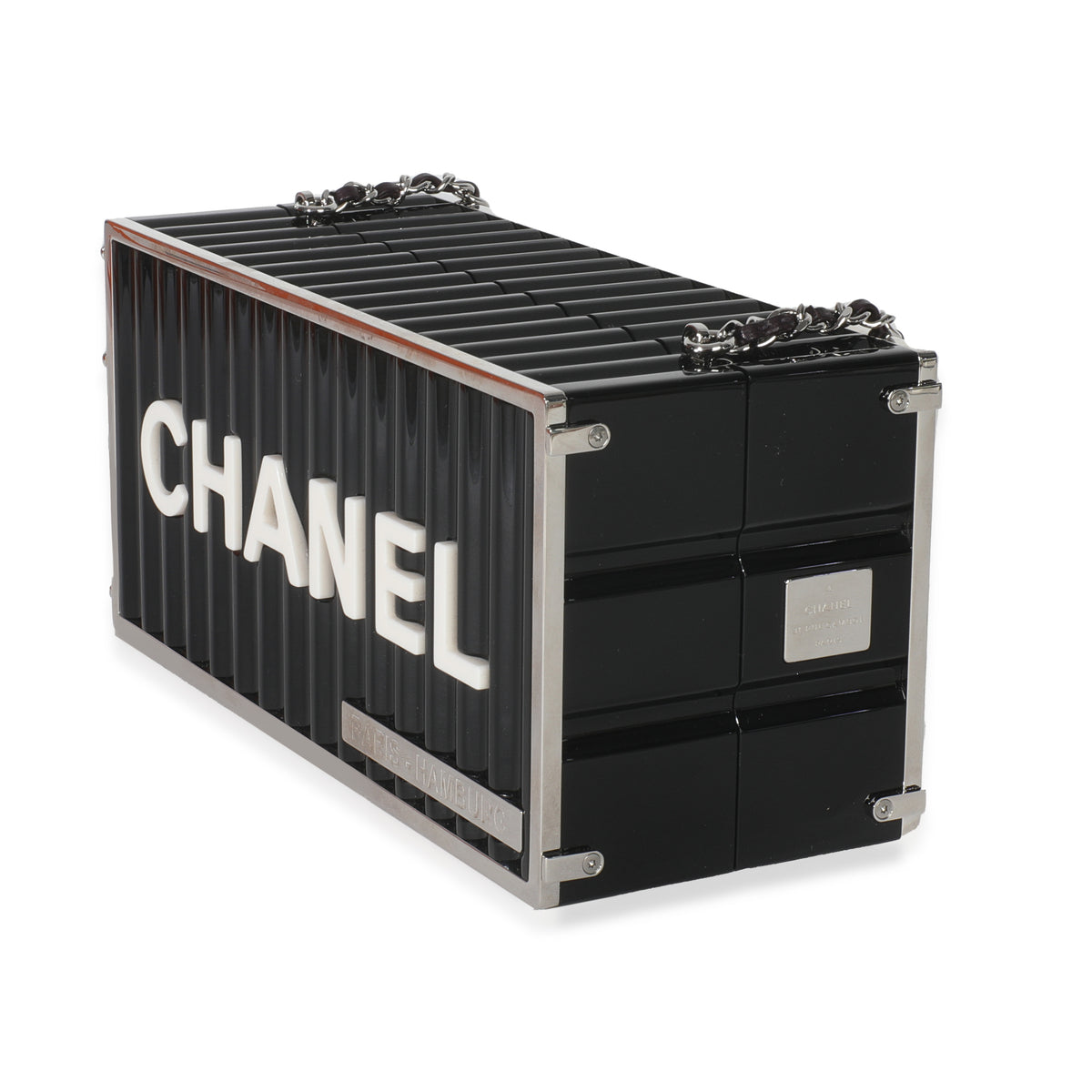 Chanel 18A Black Lucite Paris Hamburg Minaudiere Shipping Container Clutch Handbag sv