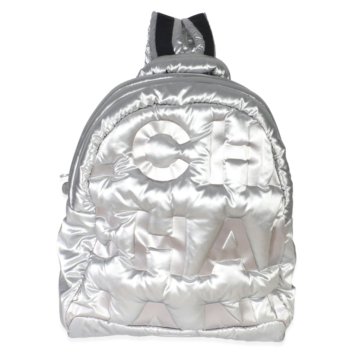 Chanel Silver Nylon Embossed Logo Doudoune Backpack Handbag fv
