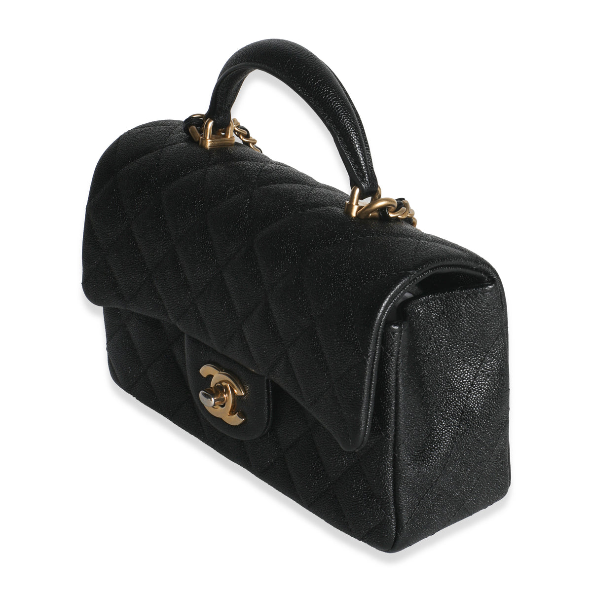 Chanel Black Quilted Caviar Mini Top Handle Rectangular Flap Handbag Handbag sv