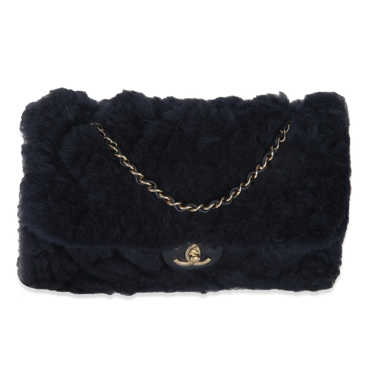 Chanel Navy Shearling Quilted Lambskin Medium Flap Bag Handbag fv