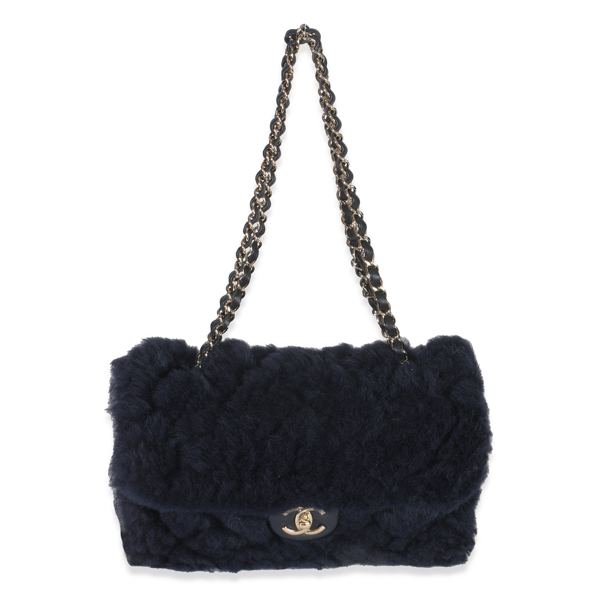 Chanel Navy Shearling Quilted Lambskin Medium Flap Bag Handbag av