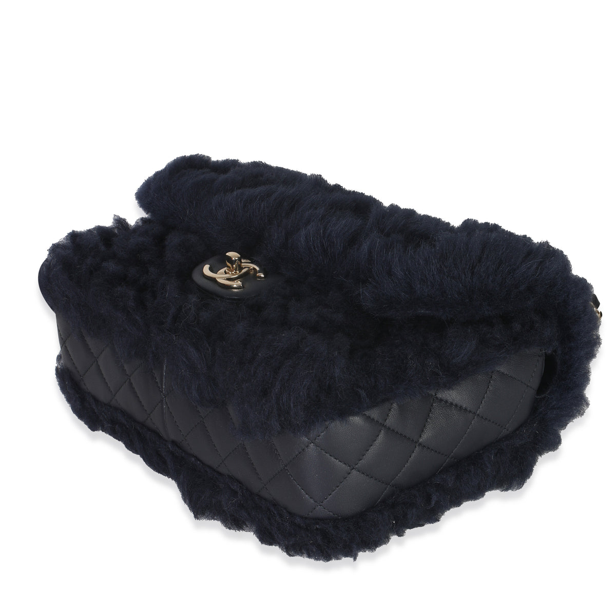 Chanel Navy Shearling Quilted Lambskin Medium Flap Bag Handbag box