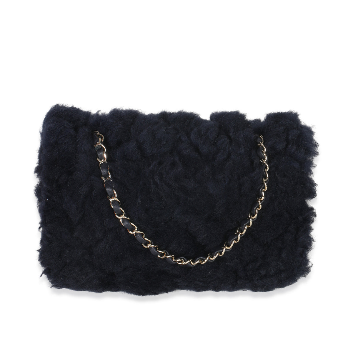 Chanel Navy Shearling Quilted Lambskin Medium Flap Bag Handbag bv