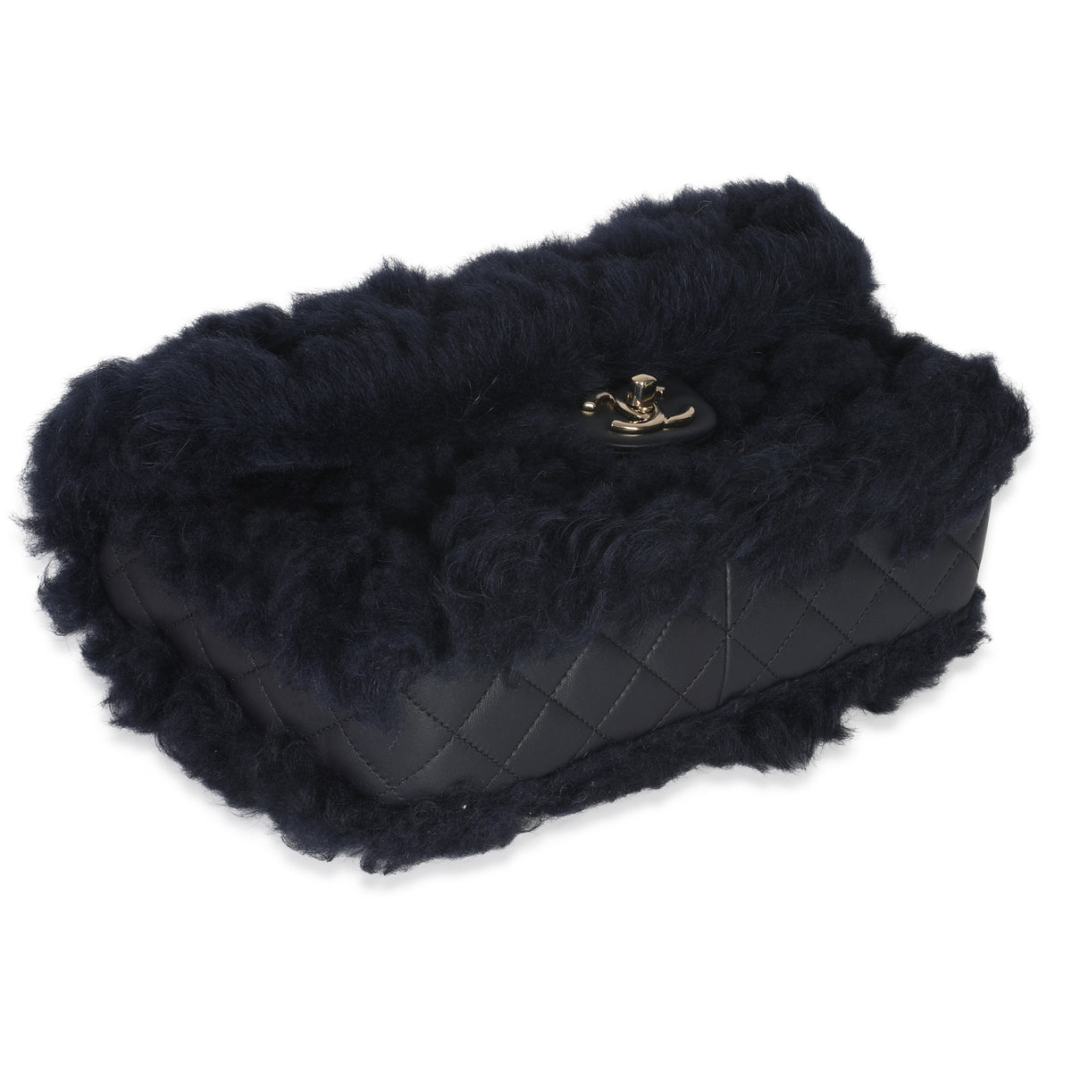 Chanel Navy Shearling Quilted Lambskin Medium Flap Bag Handbag clasp