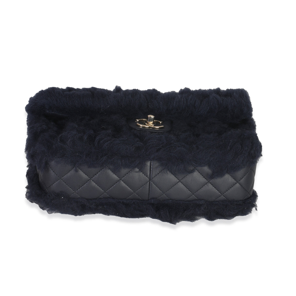 Chanel Navy Shearling Quilted Lambskin Medium Flap Bag Handbag stamp