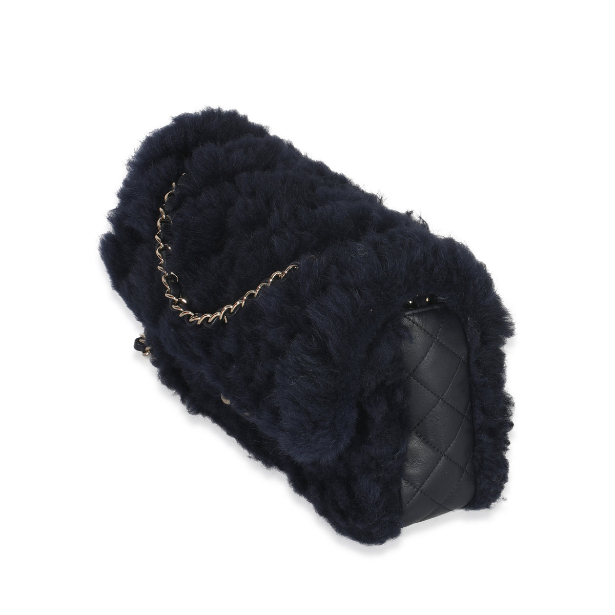 Chanel Navy Shearling Quilted Lambskin Medium Flap Bag Handbag sv