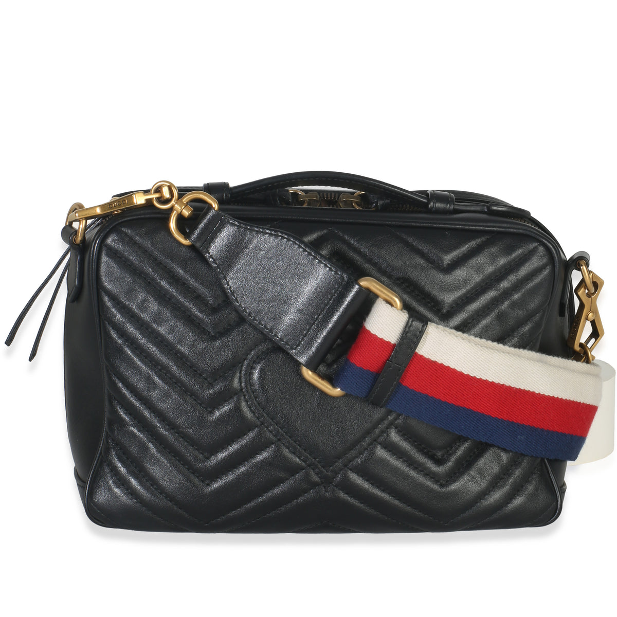 Gucci Black Calfskin Matelasse Sylvie Web Small GG Marmont Top Handle Bag Handbag bv