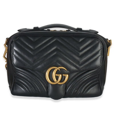 Gucci Black Calfskin Matelasse Sylvie Web Small GG Marmont Top Handle Bag Handbag fv