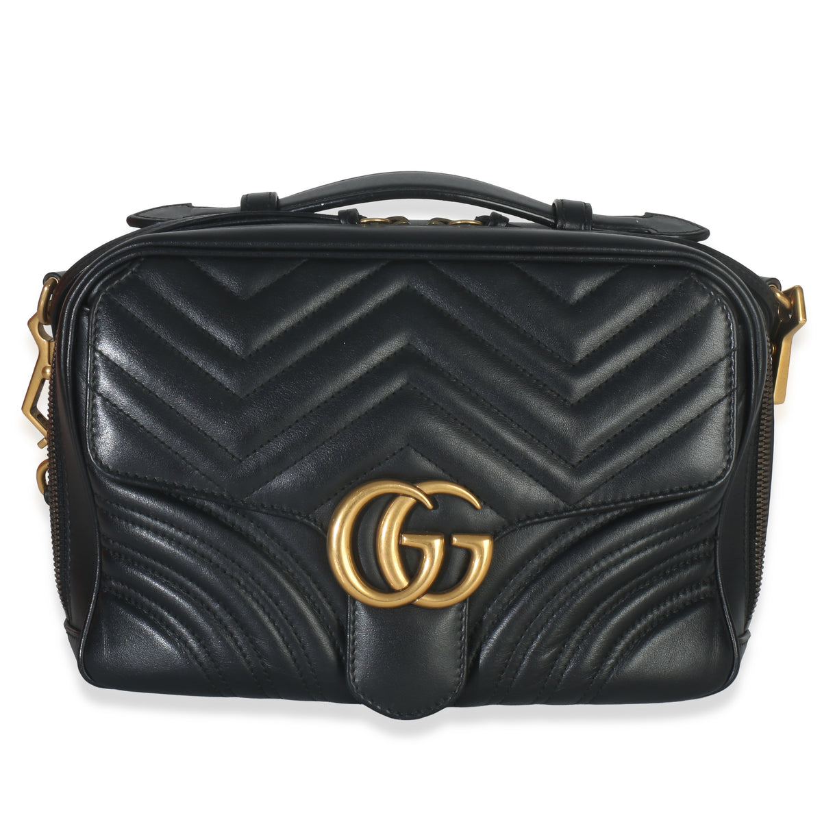 Gucci Black Calfskin Matelasse Sylvie Web Small GG Marmont Top Handle Bag Handbag fv