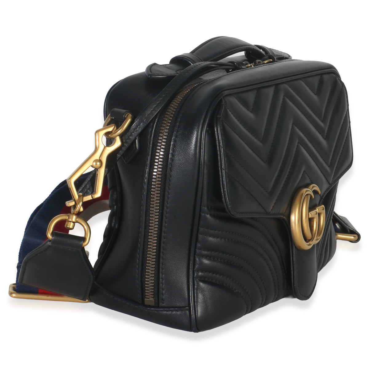 Gucci Black Calfskin Matelasse Sylvie Web Small GG Marmont Top Handle Bag Handbag pv