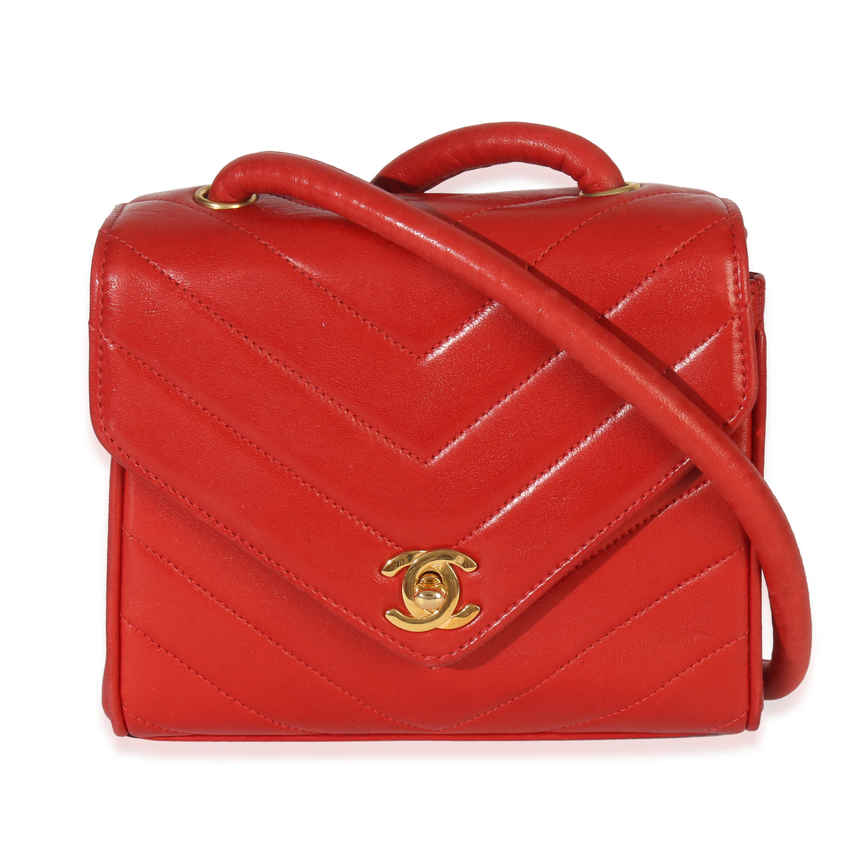Chanel Vintage 24K Red Chevron Lambskin CC Square Flap Bag Handbag fv