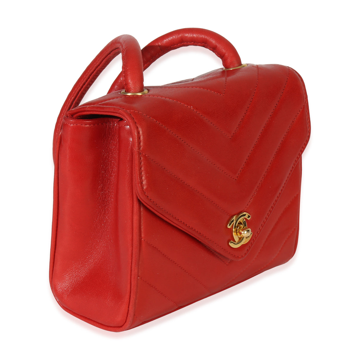 Chanel Vintage 24K Red Chevron Lambskin CC Square Flap Bag Handbag pv