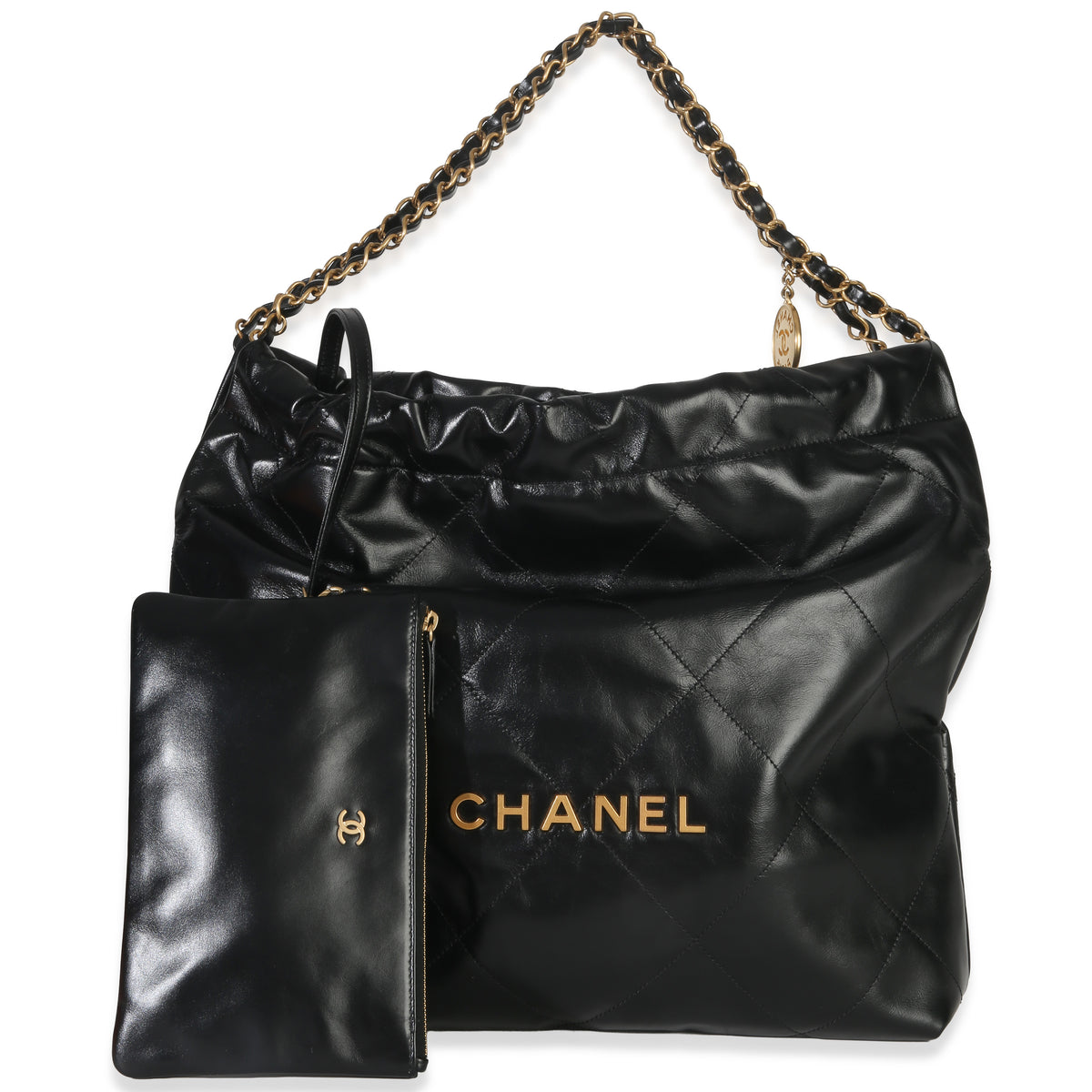 Chanel Black Shiny Quilted Calfskin Medium  22 Hobo Handbag fv