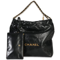 Chanel Black Shiny Quilted Calfskin Medium  22 Hobo Handbag fv