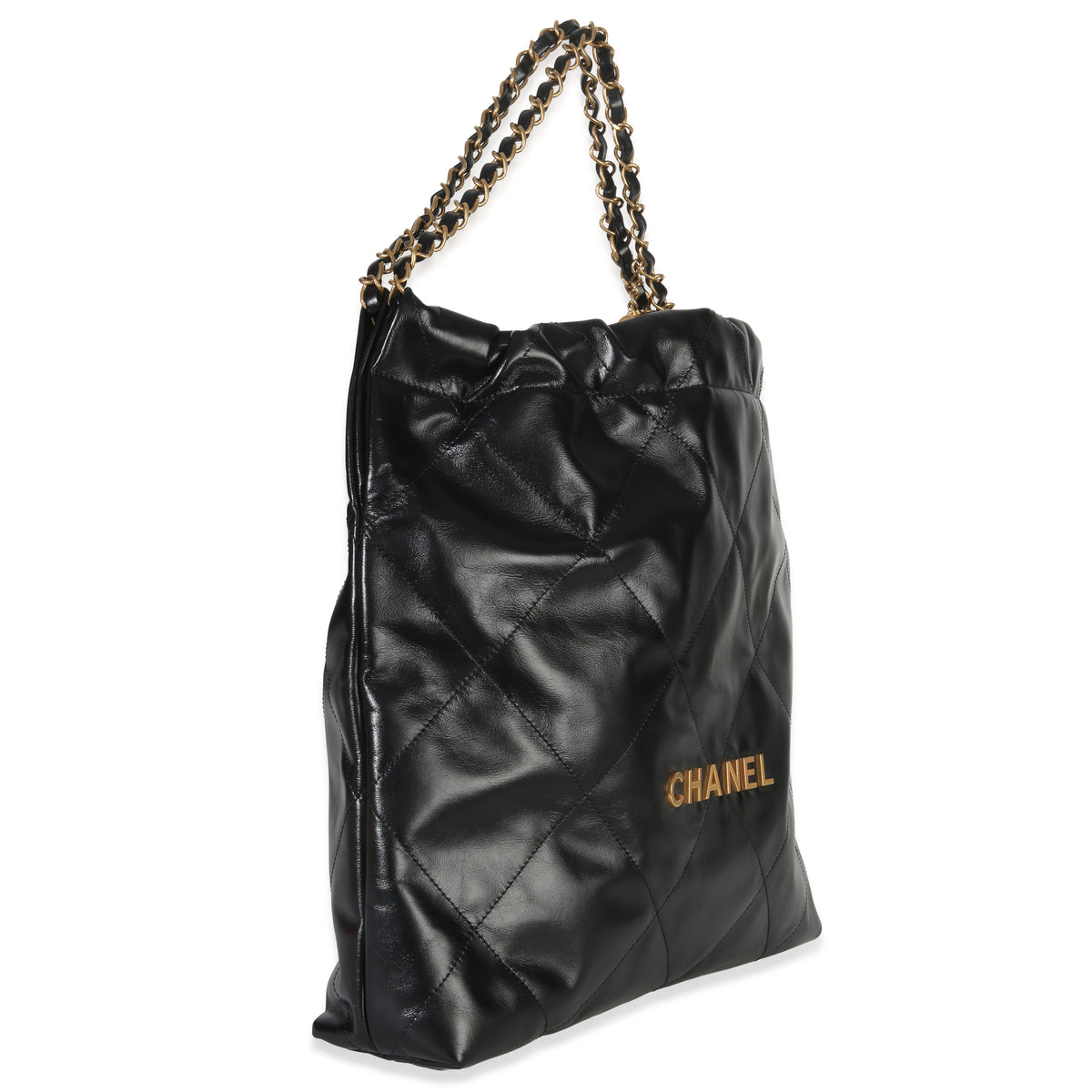 Chanel Black Shiny Quilted Calfskin Medium  22 Hobo Handbag pv