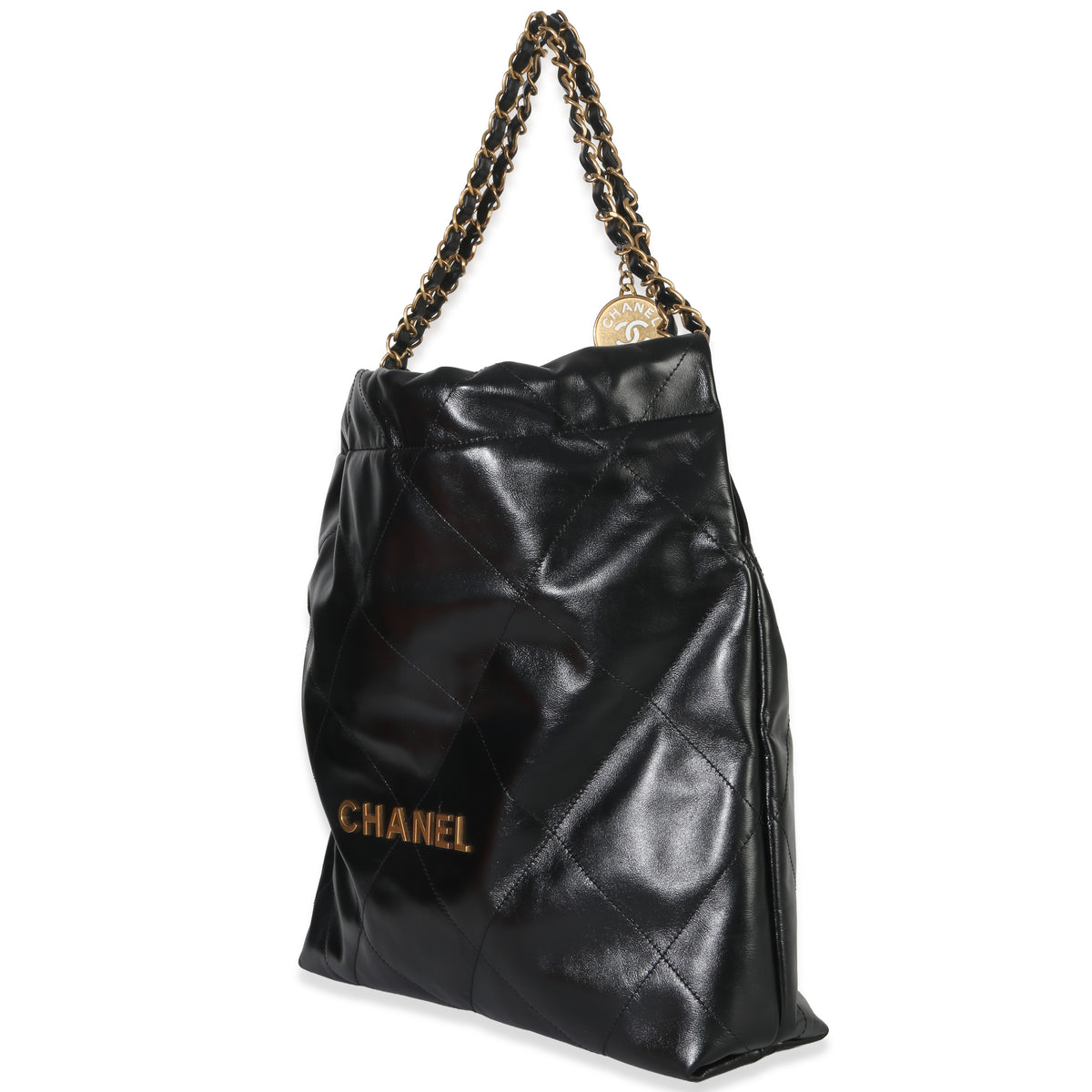 Chanel Black Shiny Quilted Calfskin Medium  22 Hobo Handbag sv
