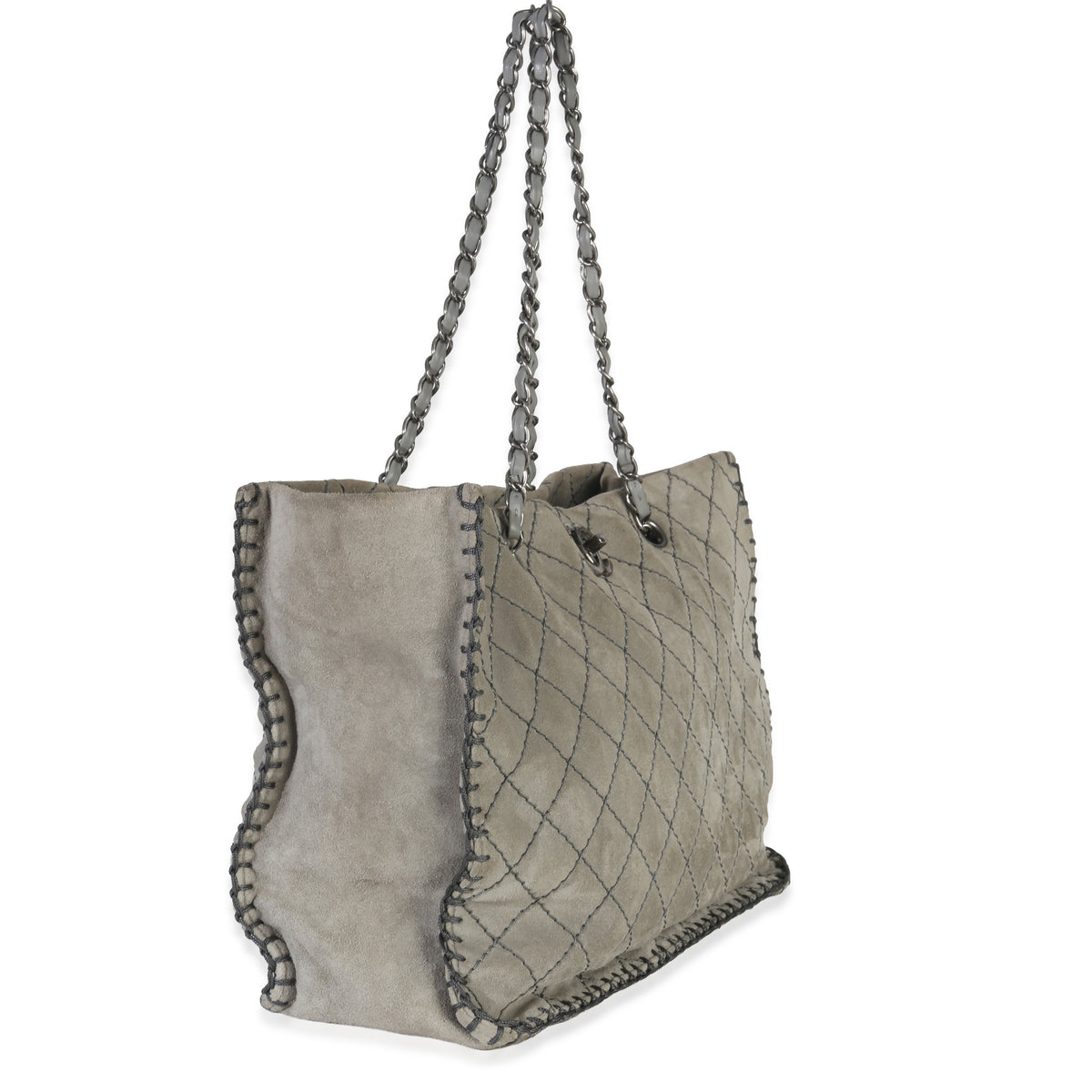 Chanel Grey Quilted Suede Wild Stitch Jumbo CC Tote Handbag pv