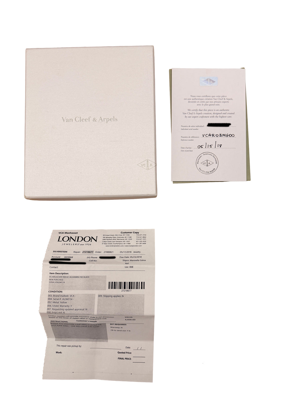 Van Cleef & Arpels Yellow Gold Malachite Magic Alhambra Necklace box